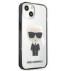 Przezroczyste etui na telefon z grafiką postaci w ciemnych okularach i garniturze, umieszczoną centralnie. Na dole etui widnieje napis "KARL LAGERFELD".