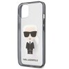 Przezroczyste etui na telefon z grafiką przedstawiającą postać w ciemnych okularach i garniturze, z białymi włosami związanymi w kucyk. Na dole etui znajduje się napis "KARL LAGERFELD".