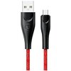Czerwony pleciony kabel USB - Micro USB o długości 1 metra, z czarnymi wtyczkami, na jednej z nich widoczne jest logo "USAMS".