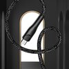 Pleciony kabel USB - Micro USB w kolorze czarnym, z widocznym logo "USAMS" na wtyczce, umieszczony na tle z łukowatym otworem. Kabel jest zwinięty w kształt pętli, a jego tekstura jest wyraźnie widoczna.