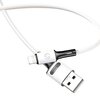 Biały kabel USB z końcówką Lightning, z widocznym logo "USAMS" na wtyczce USB oraz symbolem błyskawicy na wtyczce Lightning. Kabel ma czarne elementy przy złączach, a jego konstrukcja umożliwia szybkie ładowanie.