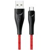 Czerwony pleciony kabel USB - USB-C o długości 2 metrów, z czarnymi wtyczkami, na jednej z nich widoczne jest logo "USAMS".