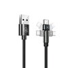 Czarny kabel USB z plecionym oplotem, z jednej strony zakończony wtykiem USB, a z drugiej wtykiem USB-C z możliwością obrotu. Na wtyku USB widoczne jest logo "U.".