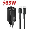 Czarna ładowarka sieciowa z logo "USAMS" i oznaczeniem mocy "65W" na obudowie, obok której znajdują się dwa kable z końcówkami USB-C i Lightning, również z logo "USAMS". Na górnej części ładowarki widoczne są dwa porty USB oznaczone jako "USB-C" i "USB-A"