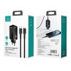Opakowanie ładowarki sieciowej USAMS T33 MTXLOGTL01 65W w kolorze czarnym, z przodu widoczny jest obraz ładowarki oraz kabla, a także tekst: "GaN Fast Charger Kit Mac-Tu Series (EU)". Na odwrocie opakowania znajduje się zdjęcie ładowarki podłączonej do li
