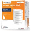Pomarańczowo-białe opakowanie produktu z logo "Netatmo" zawiera napis "Weather Station Shield" oraz grafikę przedstawiającą osłonę stacji pogodowej. Na opakowaniu znajdują się również napisy: "No subscription fees", "Improve reliability and protect your s