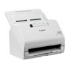 Na zdjęciu znajduje się biały skaner z widocznym logo "Canon" oraz napisem "PHOTO SCANNER RS40". Skaner ma kilka przycisków i wskaźników na górnej części obudowy.