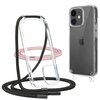 Przezroczyste etui na telefon z czarnym sznurkiem jest pokazane obok telefonu w etui, z widocznym logo w kształcie jabłka. W tle znajduje się różowy sznurek, a na pierwszym planie czarny sznurek z metalowymi końcówkami.