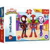 Opakowanie puzzli przedstawia trzech animowanych bohaterów w strojach superbohaterów na tle kolorowego miasta. Na opakowaniu widnieją napisy: "Marvel Spidey and His Amazing Friends", "30", "Disney Junior", "Trefl Puzzle", "3+" oraz logo Trefl.