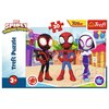 Na obrazku znajduje się opakowanie puzzli z trzema postaciami w strojach superbohaterów na tle kolorowego miasta. Widoczne napisy to: "Marvel Spidey and His Amazing Friends", "30", "Disney Junior", "Trefl", "Trefl Puzzle", "3+", oraz "Puzzle TREFL Marvel 