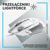Na zdjęciu znajduje się biały fragment myszy komputerowej z widocznym kółkiem przewijania oraz przyciskami oznaczonymi jako G6 i G7. Na obrazie umieszczono teksty: "Kółko błyskawicznego przewijania", "Tryb podwójny: ultraszybkie przewijanie / precyzyjne t