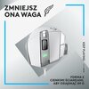 Na zdjęciu znajduje się biała mysz komputerowa z widocznym logo producenta, posiadająca regulowany przycisk zmiany czułości (DPI). Obok myszy umieszczono tekst: "ODWRACALNY I WYJMOWANY, ABY DOPASOWAĆ SIĘ DO TWOJEGO CHWYTU" oraz pionowy napis "KEEP PLAYING