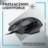 Na zdjęciu znajduje się czarna mysz komputerowa z widocznym logo producenta, przedstawiona na jasnym tle z niebieskimi i czarnymi liniami dekoracyjnymi. Na obrazie widnieją napisy: "PRZEŁĄCZNIKI LIGHTFORCE", "KEEP PLAYING" oraz "HYBRYDOWA TECHNOLOGIA OPTY
