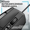 Na zdjęciu znajduje się czarna mysz komputerowa z widocznym kółkiem przewijania oraz przyciskami oznaczonymi jako G7, G8 i G9. Na obrazie umieszczono teksty: "Kółko błyskawicznego przewijania", "Tryb podwójny: ultraszybkie przewijanie / precyzyjne tryby z