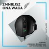 Na zdjęciu znajduje się czarna mysz komputerowa z widocznym przyciskiem i rolką przewijania, a także zielonym wskaźnikiem świetlnym. W tle widnieje tekst: "ZMIEJSZ ONA WAGA" z ikoną piórka oraz "FORMA Z CIENKIMI ŚCIANKAMI, ABY OSIĄGNĄĆ 89 G", a także pion