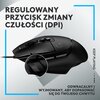 Czarna mysz komputerowa z widocznym logo producenta oraz przyciskami na górnej powierzchni. Na obrazie znajduje się tekst: "Regulowany przycisk zmiany czułości (DPI)", "Keep playing" oraz "Odwracalny i wyjmowany, aby dopasować się do twojego chwytu".