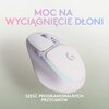 Na zdjęciu znajduje się mysz komputerowa w jasnym kolorze z widocznym logo "G" na powierzchni. W tle widnieje tekst "MOC NA WYCIĄGNIĘCIE DŁONI", a poniżej napis "SZEŚĆ PROGRAMOWALNYCH PRZYCISKÓW".