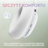 Białe słuchawki z widocznymi przyciskami na nauszniku, na tle gradientu w odcieniach zieleni. Na górze napis "SZCZYTY KOMFORTU", a na dole "LEKKA KONSTRUKCJA Z NIEZWYKLE MIĘKKIMI, PRZEWIEWNYMI, OBRACANYMI NAUSZNIKAMI".
