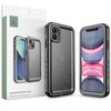 Widzimy czarne etui wodoodporne na telefon, pokryte kroplami wody, co sugeruje jego odporność na wilgoć. Obok znajduje się opakowanie z napisem "TECH-PROTECT" oraz "SHELLBOX WATERPROOF CASE Waterproof & Drop Proof protection".