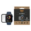 Na zdjęciu widoczny jest zegarek z nałożonym szkłem ochronnym oraz opakowanie produktu z napisem "PanzerGlass Screen Protection for: Apple Watch 45 mm". Na opakowaniu znajdują się ikony symbolizujące odporność na wstrząsy i zarysowania oraz napis "Antibac