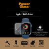 Czarne tło z logo "PanzerGlass" w kolorze pomarańczowym, poniżej napis "Screen Protection for: Apple | Watch 45 mm". Na środku widoczny jest zegarek z nałożonym szkłem ochronnym, a obok niego ikony z opisami: "Shock Resistant", "Scratch Resistant", "PLATI