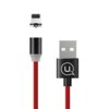 Czerwony kabel magnetyczny USB z końcówką Lightning, z czarną obudową i widocznym logo "U." na wtyczce USB. Obok kabla znajduje się odłączona magnetyczna końcówka Lightning.