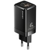 Czarna ładowarka sieciowa z dwoma portami USB, oznaczonymi jako "USB-C" i "USB-A", oraz napisem "USAMS" na boku. Na obudowie widnieje tekst: "47W, Model: US-CC137, Shenzhen USAMS Technology Co., Ltd, Made in China".