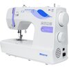 Biała maszyna do szycia z fioletowymi i niebieskimi elementami, na której widoczne są oznaczenia takie jak "next 141D", "2D", "LED light", "9 stitch patterns", "FREE ARM" oraz "Stitch Display". Na obudowie znajduje się również logo "Minerva".