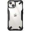 Przedstawione jest przezroczyste etui z czarnymi wzmocnieniami na krawędziach, przeznaczone do telefonu Apple iPhone 14 Plus/15 Plus. Na etui widoczne jest logo "Ringke", a w tle znajduje się telefon z wyświetlaczem pokazującym abstrakcyjne, niebiesko-zie