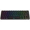 Czarna klawiatura mechaniczna z podświetleniem RGB, na której widoczne są klawisze z oznaczeniami liter, cyfr i funkcji, a w prawym dolnym rogu znajduje się logo smoka. Klawisze mają różnokolorowe podświetlenie, w tym fioletowe, niebieskie, zielone i żółt