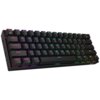 Czarna klawiatura mechaniczna z podświetleniem RGB, posiadająca klawisze z oznaczeniami w różnych kolorach, w tym różowe napisy na klawiszach takich jak "Tab", "CapsLk", "Shift", "Ctrl", "Win", "Alt". Na klawiaturze widoczne są także oznaczenia "Esc", "BT