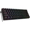 Czarna klawiatura mechaniczna z podświetleniem RGB, posiada klawisze z oznaczeniami takimi jak "Esc", "Tab", "CapsLK", "Shift", "Ctrl", "Win", "Alt", "Fn", "Menu", "Ctrl", a także klawisze funkcyjne od F1 do F12. Klawiatura jest podłączona kablem USB, a n