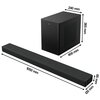 Na zdjęciu znajduje się czarny soundbar oraz subwoofer. Obok produktów widoczne są wymiary: soundbar ma 1050 mm długości, 120 mm szerokości i 65 mm wysokości, a subwoofer ma wymiary 240 mm x 400 mm x 365 mm.
