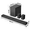 Na zdjęciu znajduje się czarny soundbar, subwoofer oraz dwa głośniki satelitarne. Wymiary subwoofera to 400 mm x 240 mm x 365 mm, a soundbara 1050 mm x 120 mm x 65 mm.