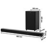 Na zdjęciu znajduje się czarny soundbar oraz bezprzewodowy subwoofer. Widoczne są wymiary: soundbar ma 960 mm długości, 74 mm wysokości i 105 mm głębokości, a subwoofer 240 mm szerokości, 420 mm wysokości i 240 mm głębokości.