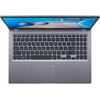 Na zdjęciu widoczny jest laptop z klawiaturą QWERTY, touchpadem i ekranem z wyświetlonym logo ASUS. Klawiatura ma ciemne klawisze z białymi oznaczeniami, a obudowa jest w kolorze szarym.