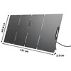 Czarny panel fotowoltaiczny z czterema segmentami, wyposażony w uchwyty i kabel, o wymiarach 137 cm x 61,6 cm x 2,5 cm. Na zdjęciu widoczne są oznaczenia wymiarów panelu.