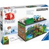 Pudełko przedstawia produkt "Puzzle 3D RAVENSBURGER Minecraft Szkatułka (223 elementy)" z grafiką z gry Minecraft, zawierający różne przedmioty biurowe. Na opakowaniu widnieją napisy: "3D Puzzle", "Sturdy - no glue required", "EASYCLICK TECHNOLOGY", oraz 