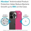 Etui w kolorze różowym z logo producenta na górze, obok telefonu z trzema obiektywami aparatu. Tekst na zdjęciu: "Microban® Antimicrobial Product Protection Helps Reduce Bacteria Growth up to 99% on the Case. WITHOUT MICROBAN® WITH MICROBAN® Microban® tec