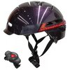 Fioletowy kask rowerowy z lampką, oznaczony napisem "LIVALL", posiada regulowane paski i widoczne otwory wentylacyjne. Obok kasku znajduje się czarny pilot z czerwonym przyciskiem.