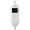 Biały pilot do koca elektrycznego z wyświetlaczem LED pokazującym cyfrę "8" oraz napisy "Always on", "1H", "2H", "10H". Na obudowie widoczne są przyciski z napisami "Heat" i "Timer", a także logo "camry Premium".