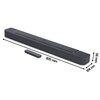 Czarny soundbar o wymiarach 820 mm długości, 56 mm wysokości i 104 cm szerokości, z widocznym logo JBL na górnej powierzchni. Obok znajduje się pilot z kilkoma przyciskami.