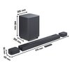 Na zdjęciu znajduje się czarny soundbar z bezprzewodowym subwooferem oraz dwoma odłączanymi głośnikami. Widoczne są wymiary: subwoofer 305 mm x 305 mm x 440 mm, soundbar 1174 mm x 56 mm x 120 mm.