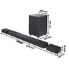 Na zdjęciu znajduje się czarny soundbar z bezprzewodowym subwooferem oraz pilotem. Wymiary subwoofera to 305 mm x 305 mm x 440 mm, a soundbara 1376 mm x 139 mm x 60 mm.