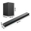 Na zdjęciu widoczny jest czarny soundbar oraz subwoofer. Soundbar ma wymiary 1000 mm x 65 mm x 122 mm, a subwoofer 200 mm x 200 mm x 350 mm.