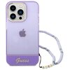 Przezroczysto-fioletowe etui na telefon z widocznym logo w kształcie jabłka oraz napisem "Guess" na dole. Do etui dołączony jest fioletowy pasek z koralikami, na którym widnieje napis "GUESS".