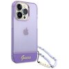 Przezroczysto-fioletowe etui na telefon z widocznym logo Apple na środku. Na dole etui znajduje się napis "Guess" w złotym kolorze, a do etui dołączony jest ozdobny pasek z koralikami i literami tworzącymi słowo "GUESS".