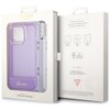 Opakowanie zawiera przezroczysto-fioletowe etui na telefon z napisem "Guess" oraz pasek z koralikami. Na opakowaniu widnieją napisy: "Mobile phone accessory", "Drop protection", "Slim profile", "Easy snap-on", "Made for iPhone 14 Pro | With Strap", a takż