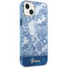 Etui na telefon w kolorze niebieskim z ozdobnym wzorem w stylu porcelanowym, przedstawiającym kwiatowe motywy. Na dole etui znajduje się napis "Guess" w eleganckim, białym stylu.