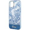 Niebieskie etui na telefon z ozdobnym wzorem w stylu porcelanowym, przedstawiającym kwiaty i ornamenty. Na dole etui znajduje się napis "Guess" w eleganckiej czcionce.